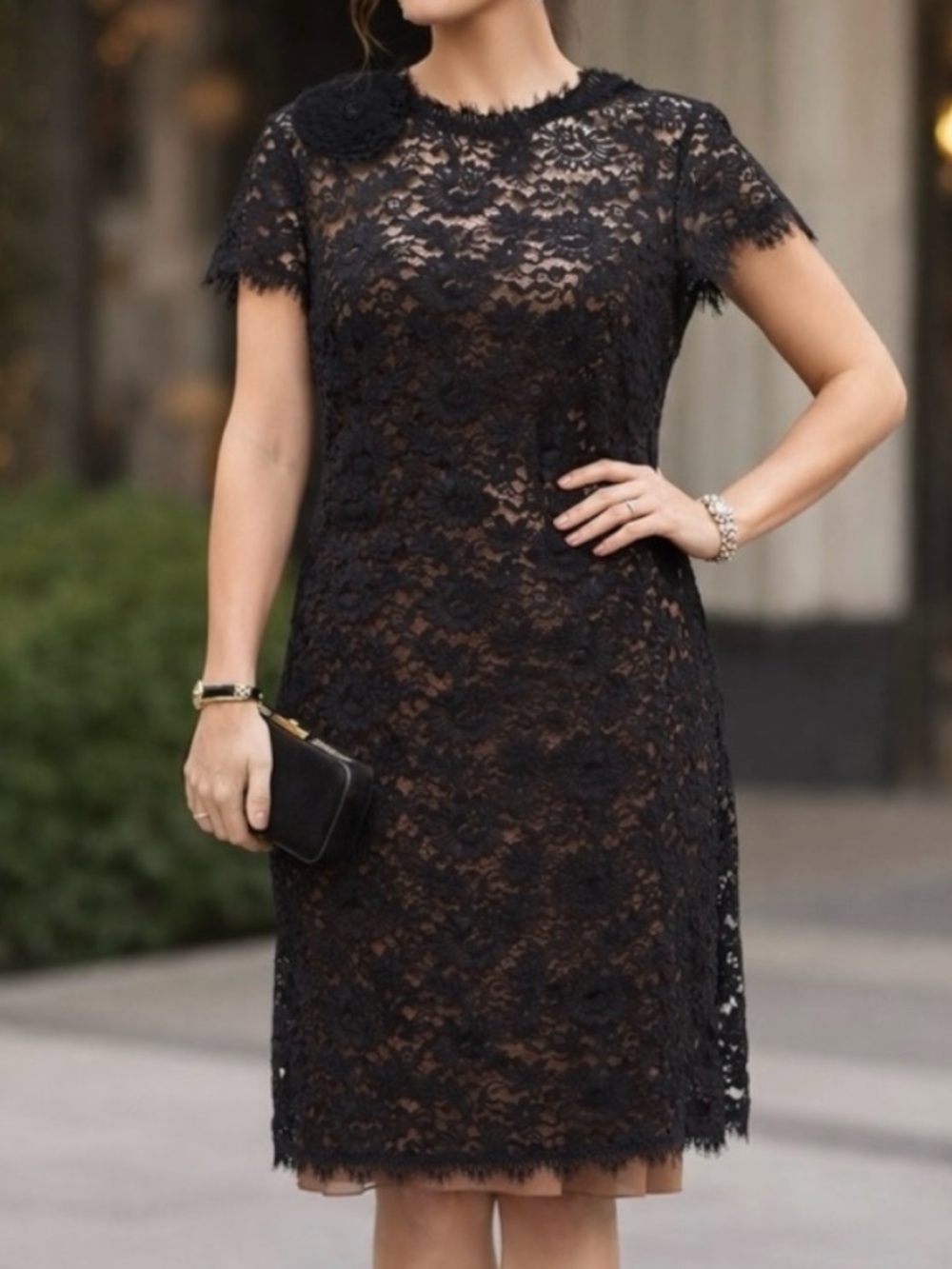 Miguelina Designer Lace Cocktail Knee Length Floral Dress Black M $299 Retail